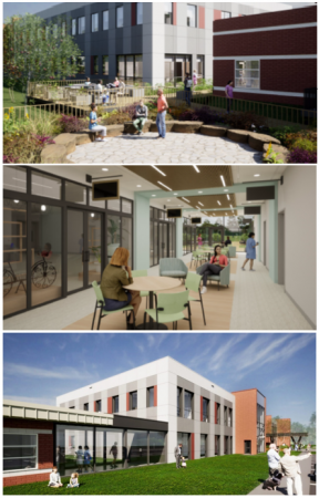 Boundary Trails Health Centre renderings courtyard, side view of building and interior